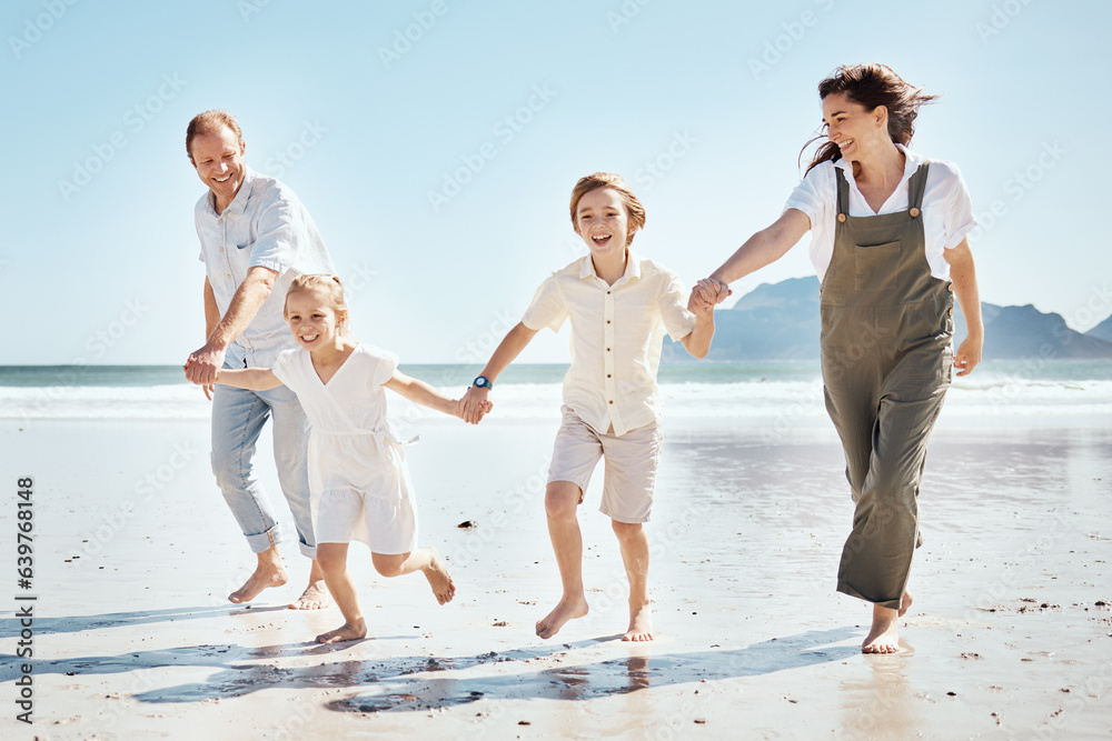 Happy family, holding hands and playing on beach in holiday, weekend or outdoor bonding together. Fa