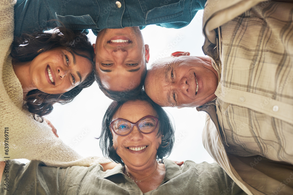 Portrait, smile and family in a huddle with senior parents from below during a summer day closeup. L