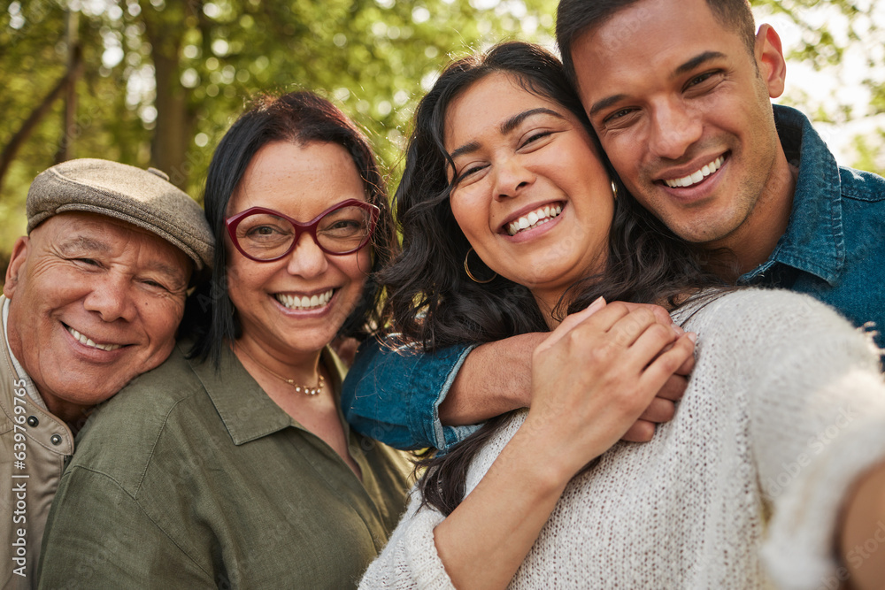 Happy family, parents and selfie by couple in a park together or people on vacation ans outdoor adve