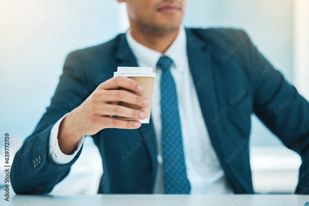 Hand, coffee and a business man in his office for morning caffeine in a cup to start his work day. C