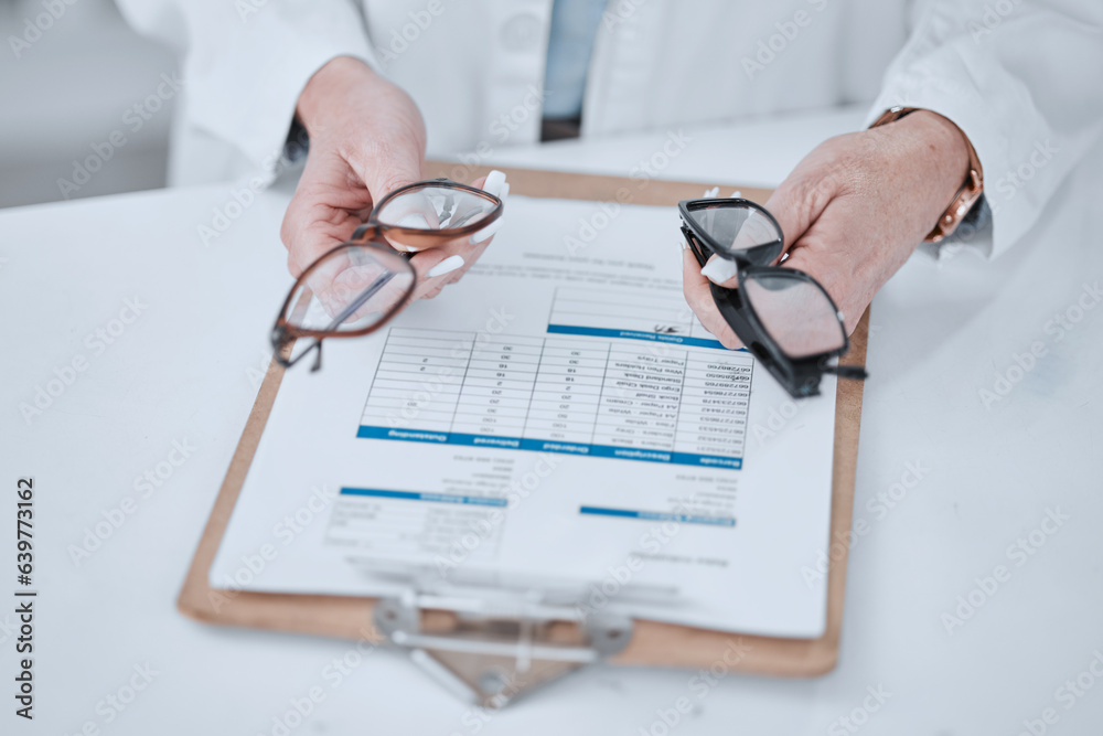 Clipboard, optometry and glasses for vision and eye care or wellness in an optical clinic. Checklist