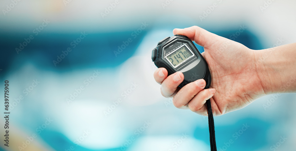 Hand, stopwatch and mockup with a fitness coach closeup in a sports center for time or training. Clo