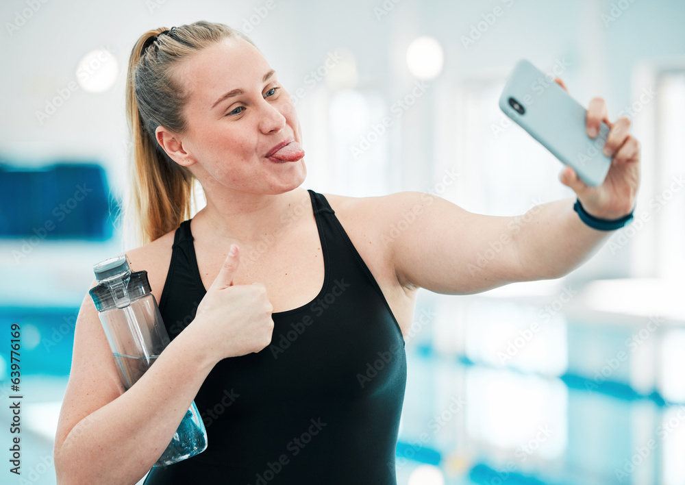 Sports, selfie or happy woman athlete after a swimming exercise, training or workout on social media