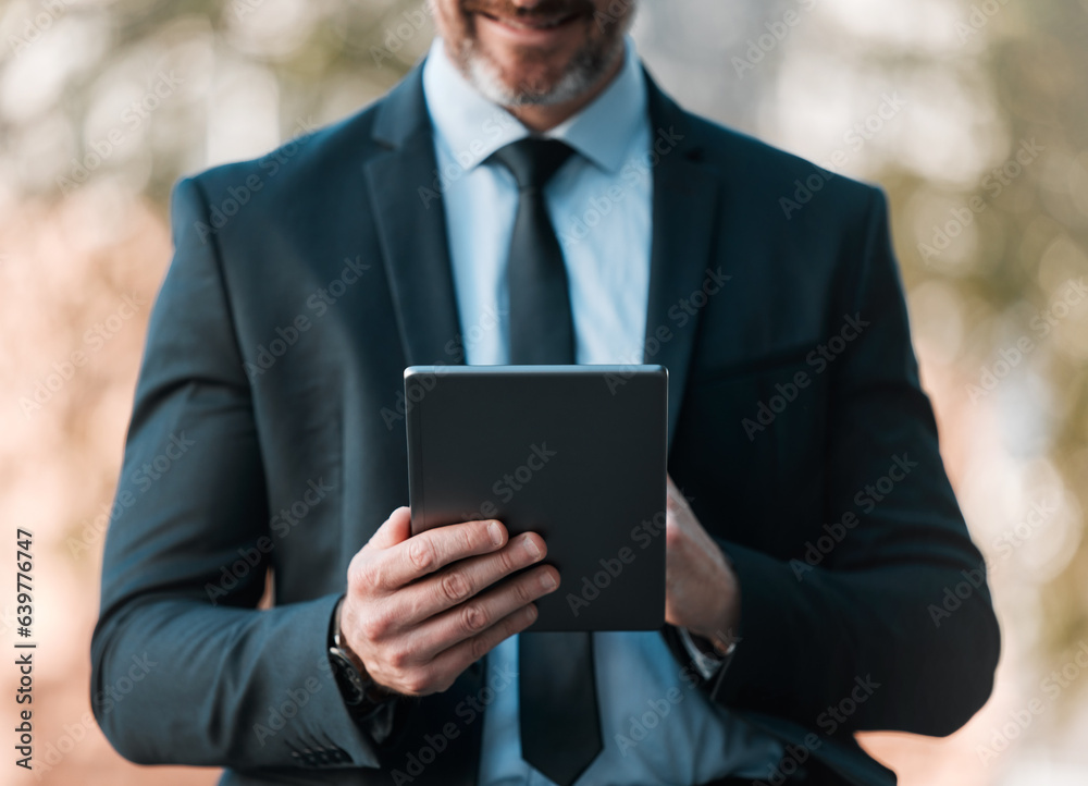 Outdoor, business and man with a tablet, closeup and connection with social media, typing and email 