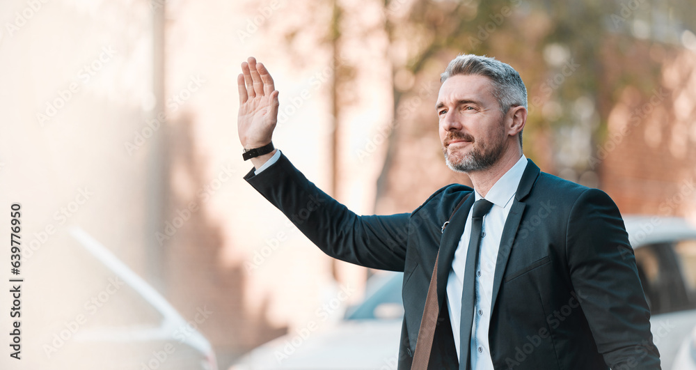 Businessman, wave hand and travel outdoor on city street for professional commute and transport. Mat