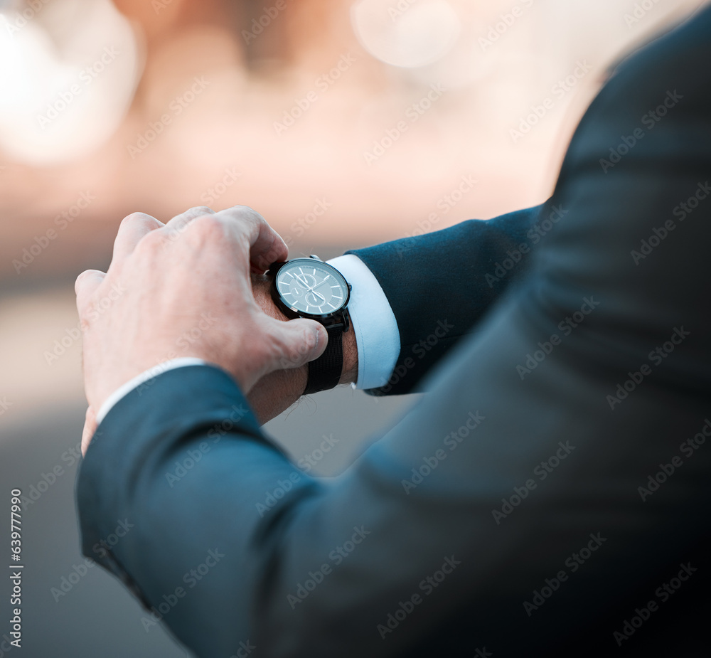 Businessman, watch and check time on clock for travel in city with a schedule, delay or entrepreneur