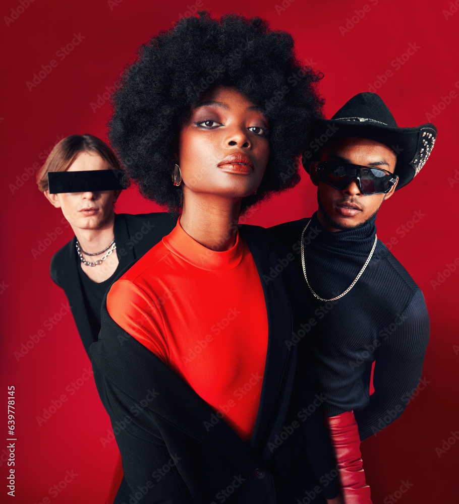 Fashion, portrait and a group of people, style and retro clothes on a red studio background for art,