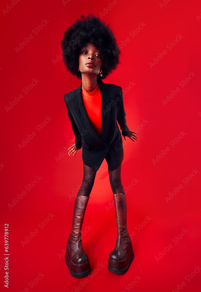 Black woman, afro and hair with fashion and style, edgy with designer clothes and gen z isolated on 