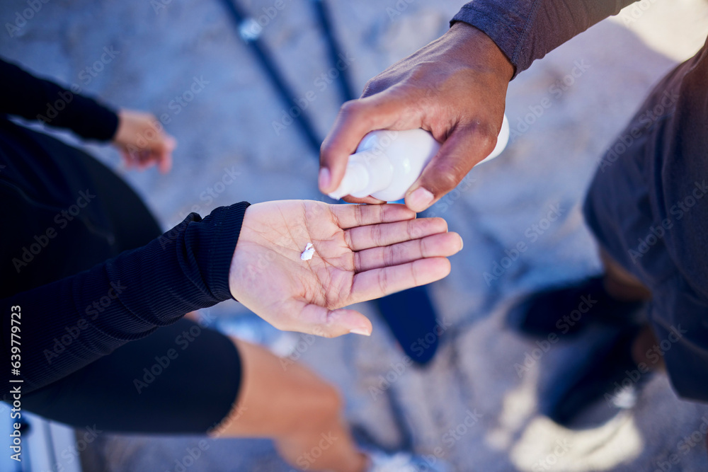 Sunscreen, above and hands of man and woman with moisturizer bottle or cream for skincare or body to