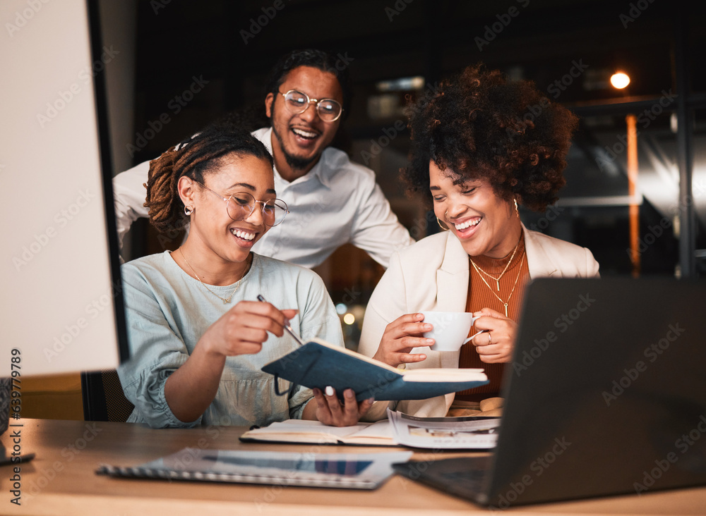 Laptop, notebook and business people in the office at night for creative website project. Discussion