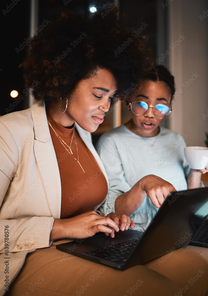 Women, talking and laptop at night for teamwork, collaboration and working late in office. Communica