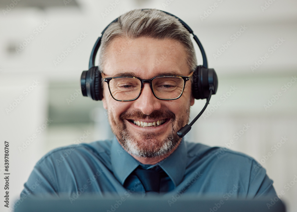 Senior, happy man and call center with headphones in telemarketing, customer service or support at o