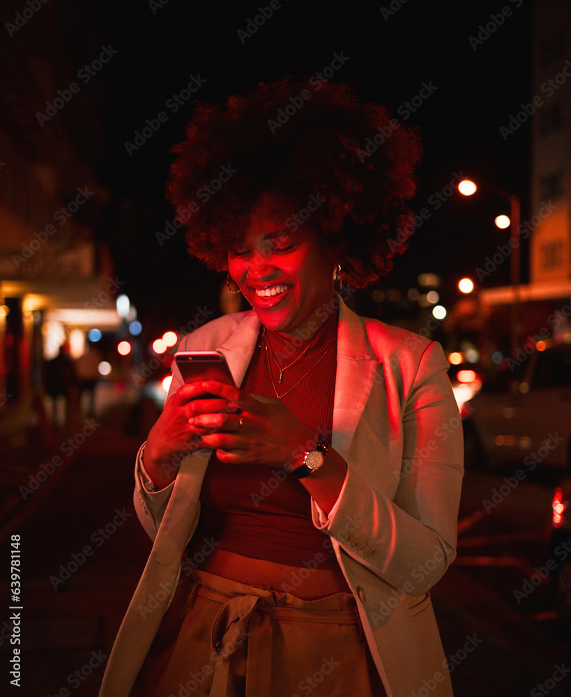 Happy black woman, afro and phone at night in city for communication, social media or outdoor networ