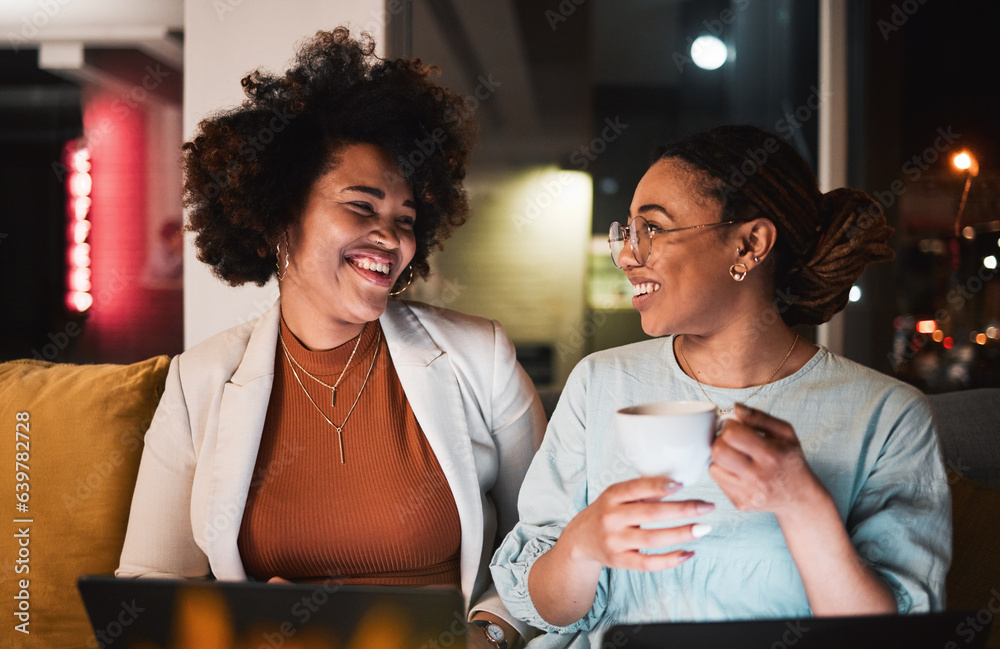 Women, happy and talking at night for teamwork, collaboration and working late in office. Communicat