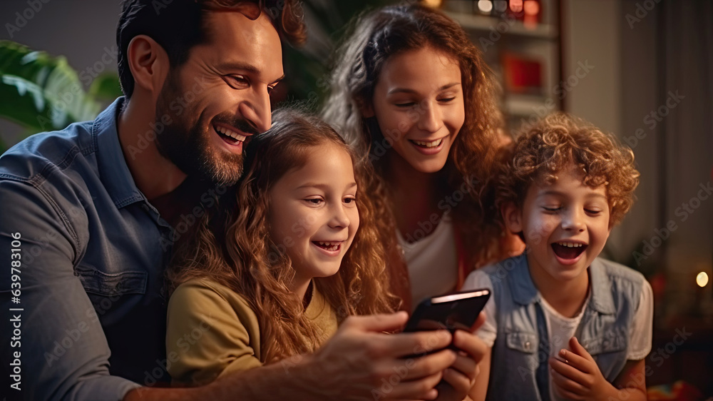 Cheerful family, Excited parents looking at mobile screen with kids in living room at home. Generati