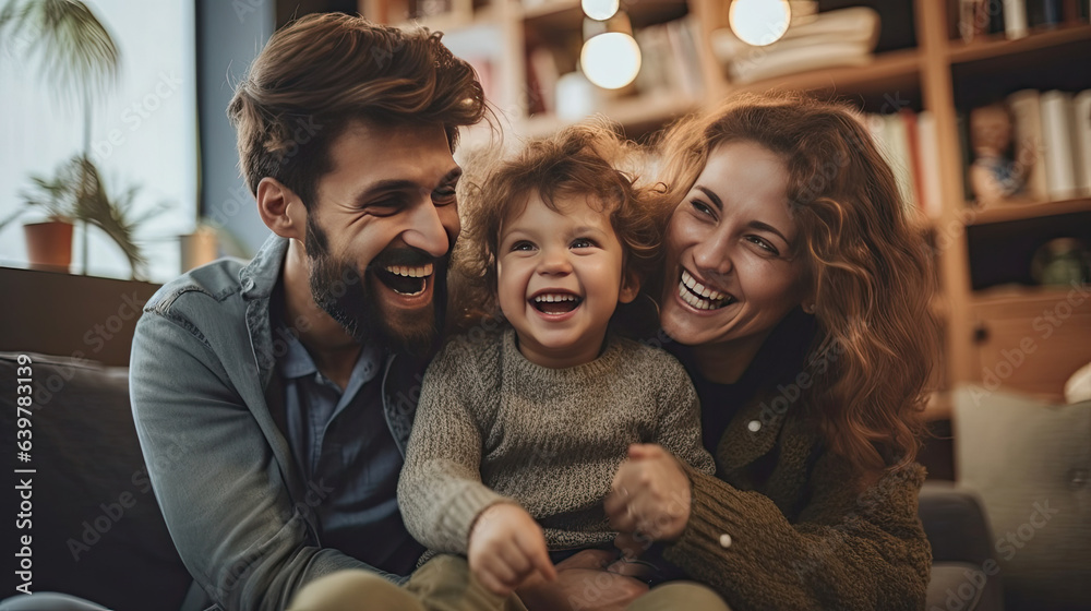 Cheerful family of three having fun together in living room at home. Generative Ai