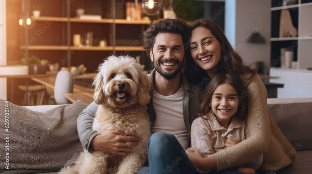 Cheerful family on sofa and puppy in living room at home. Generative Ai