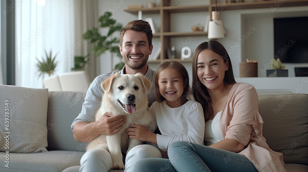 Cheerful family on sofa and puppy in living room at home. Generative Ai