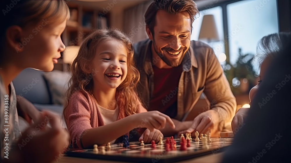 Cheerful family playing board games at home Find happiness and harmony in free time at living room. 