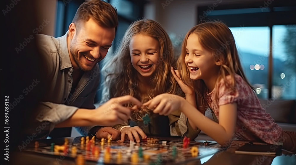 Cheerful family playing board games at home Find happiness and harmony in free time at living room. 