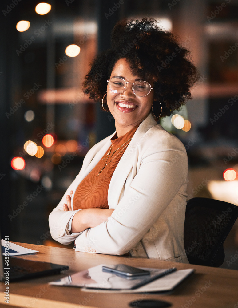 Night, portrait and a black woman with arms crossed at work for business pride or a deadline. Desk, 