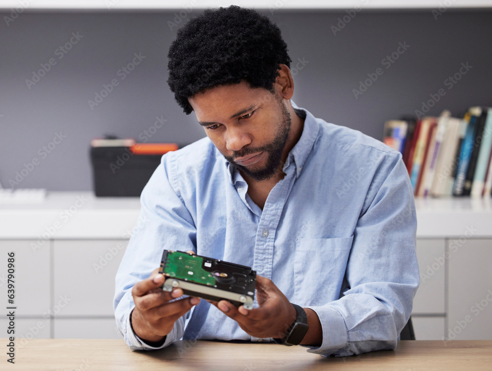 Black man, check circuit board and computer hardware with technician in office, maintenance and elec