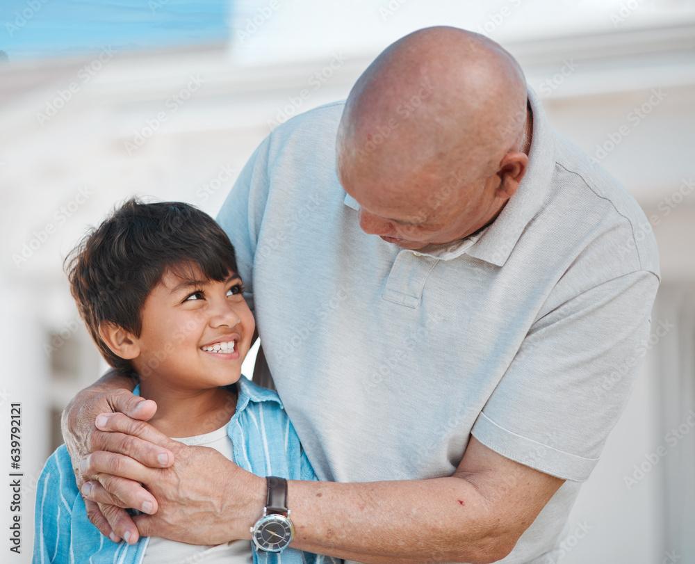 Hug, elderly man and boy child with smile, love and care for quality time and relax outside family h