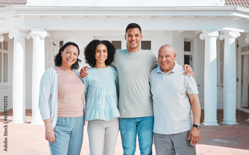 Happy, new home and portrait of generations of family standing outdoor of their property or real est