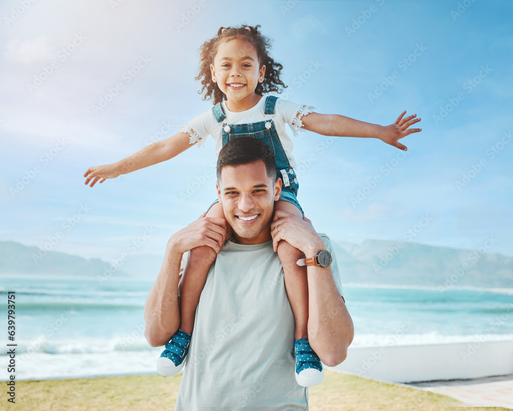 Piggy back, beach and father with girl, portrait and summer vacation with energy, adventure and play