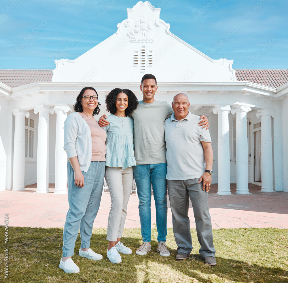 Smile, new home and portrait of generations of family standing outdoor of their property or real est