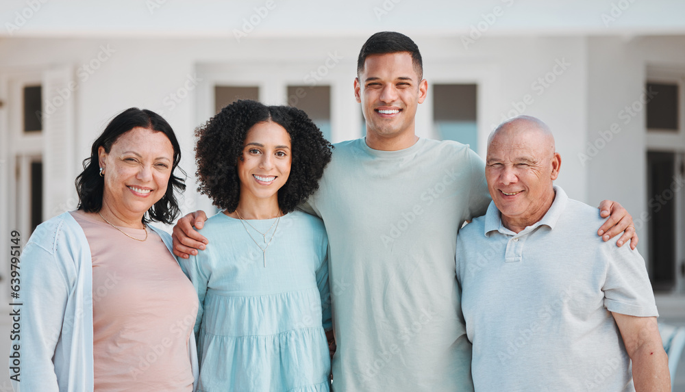 Happy, property and portrait of generations of family standing outdoor of their new home or real est