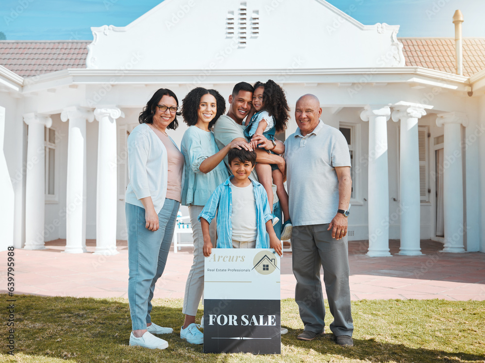 Portrait, real estate and a family with a for sale sign outside of their home together for growth or