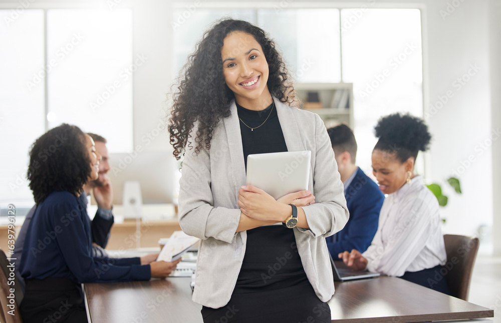 Business woman, portrait and tablet in meeting with team for project management or discussion of dig