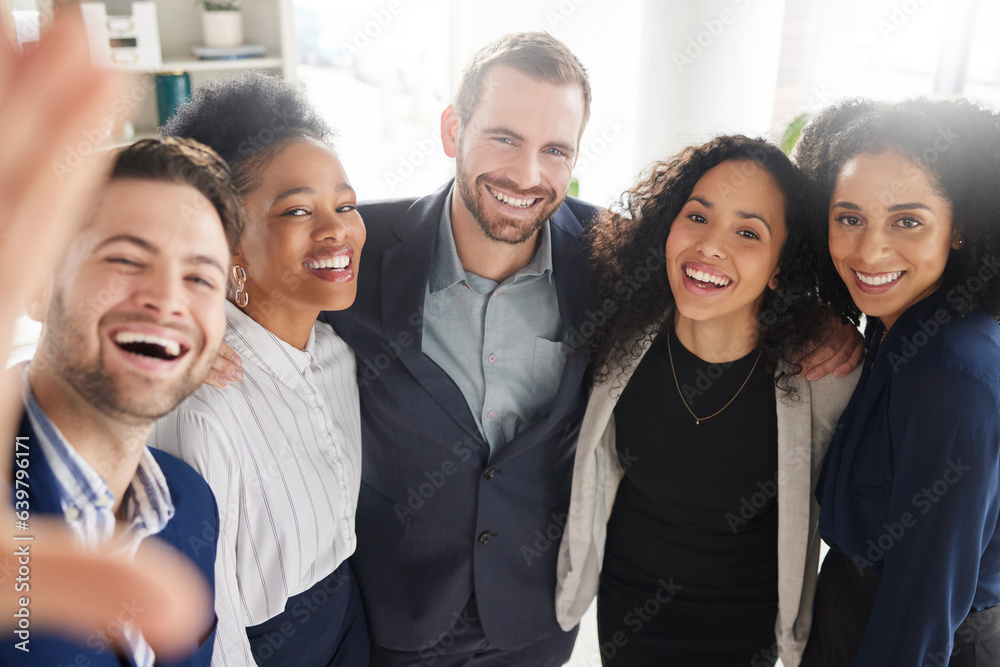 Group of business people together in selfie with smile, pride and happiness in workplace for company