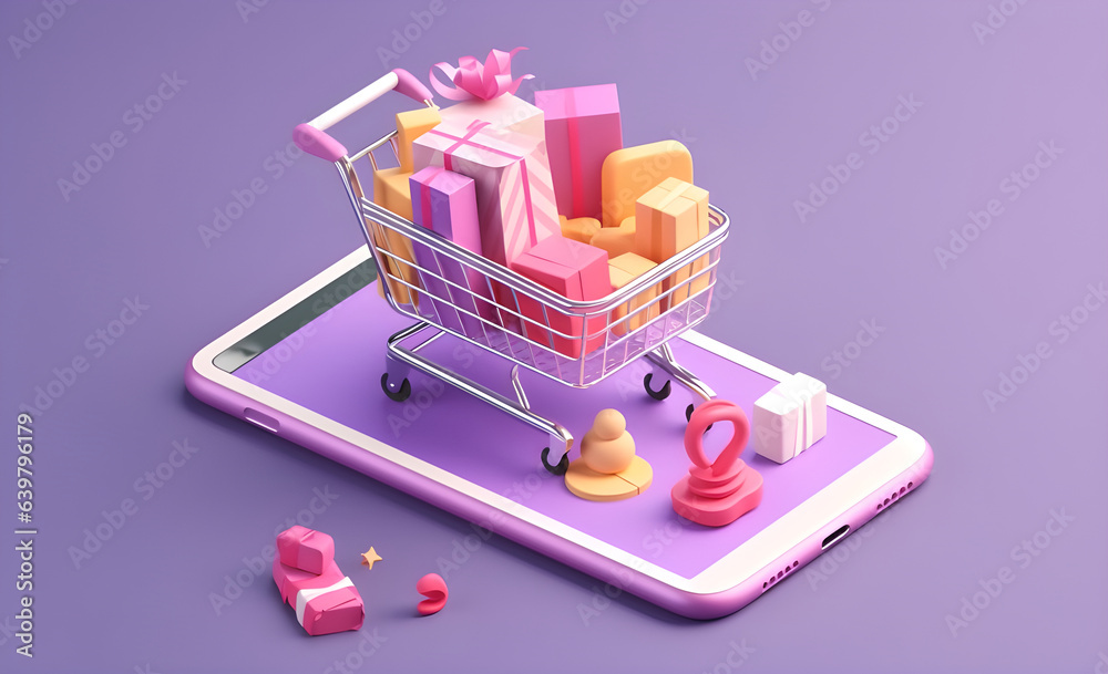 isometric phone with a shopping cart and gifts with space for a message, brush rendering, 3D, super 