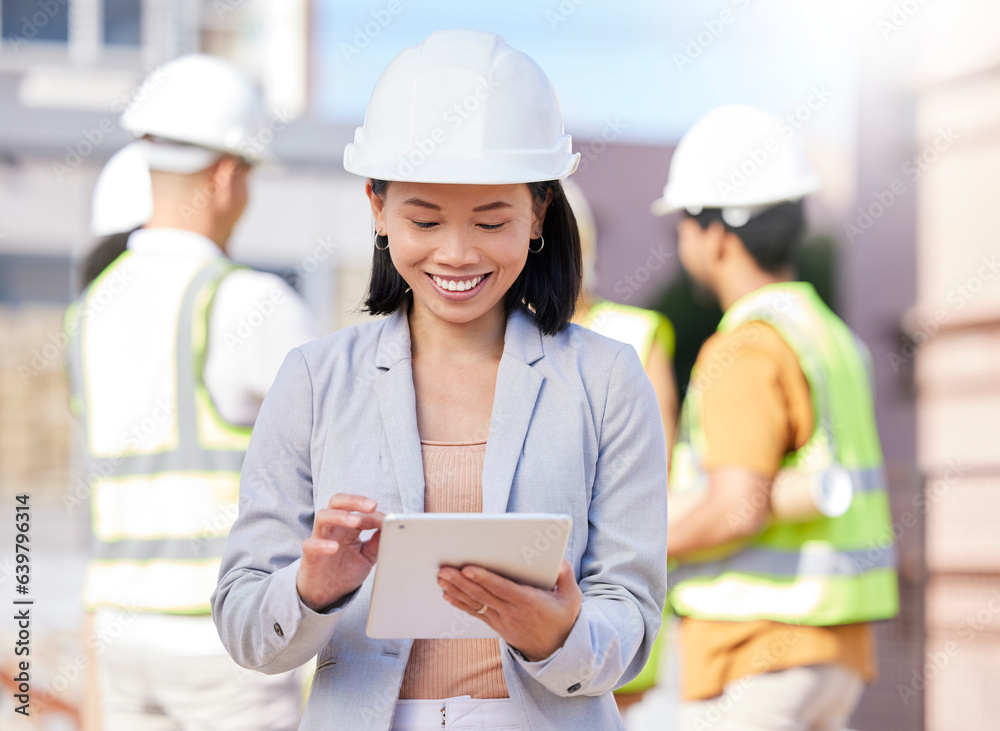 Tablet, woman in engineering and architect on construction site with building engineer group for tea