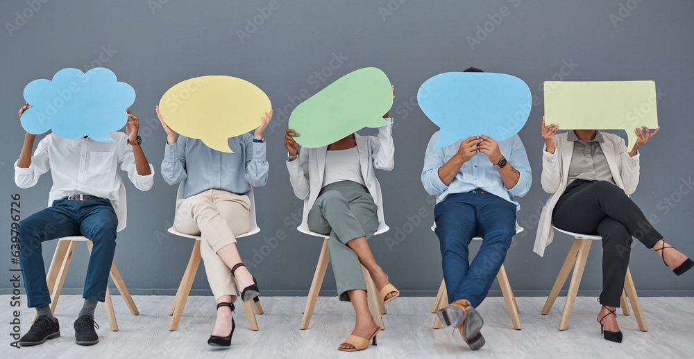 Social media, speech bubble and business people with a sign for opinion in a waiting room for an hr 