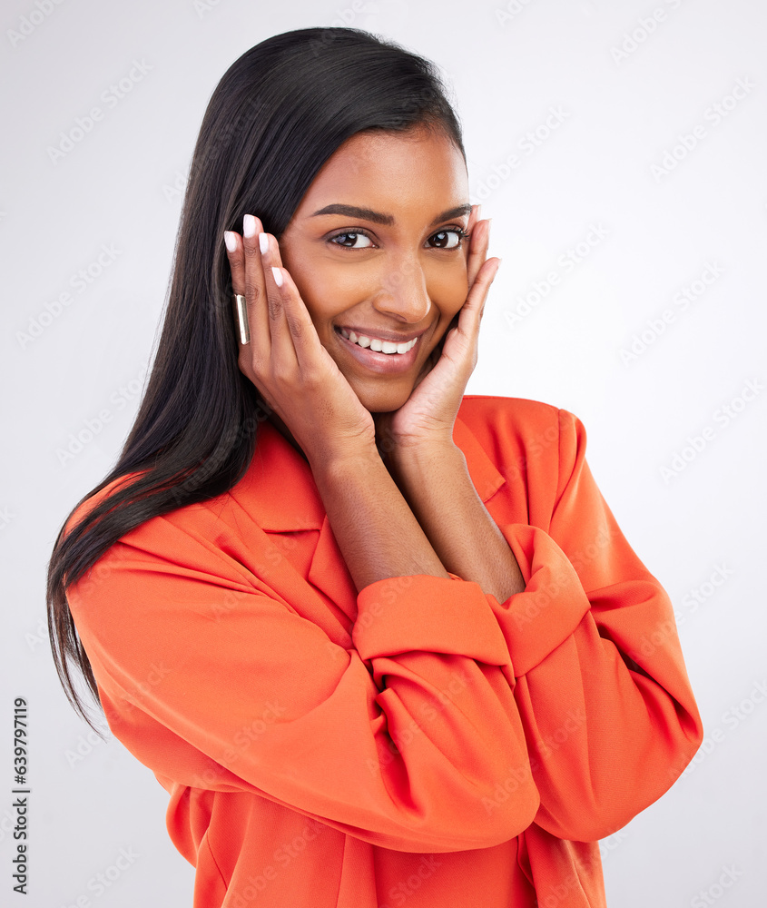 Portrait, skincare hands and beauty of woman in studio isolated on a white background. Happy face, n