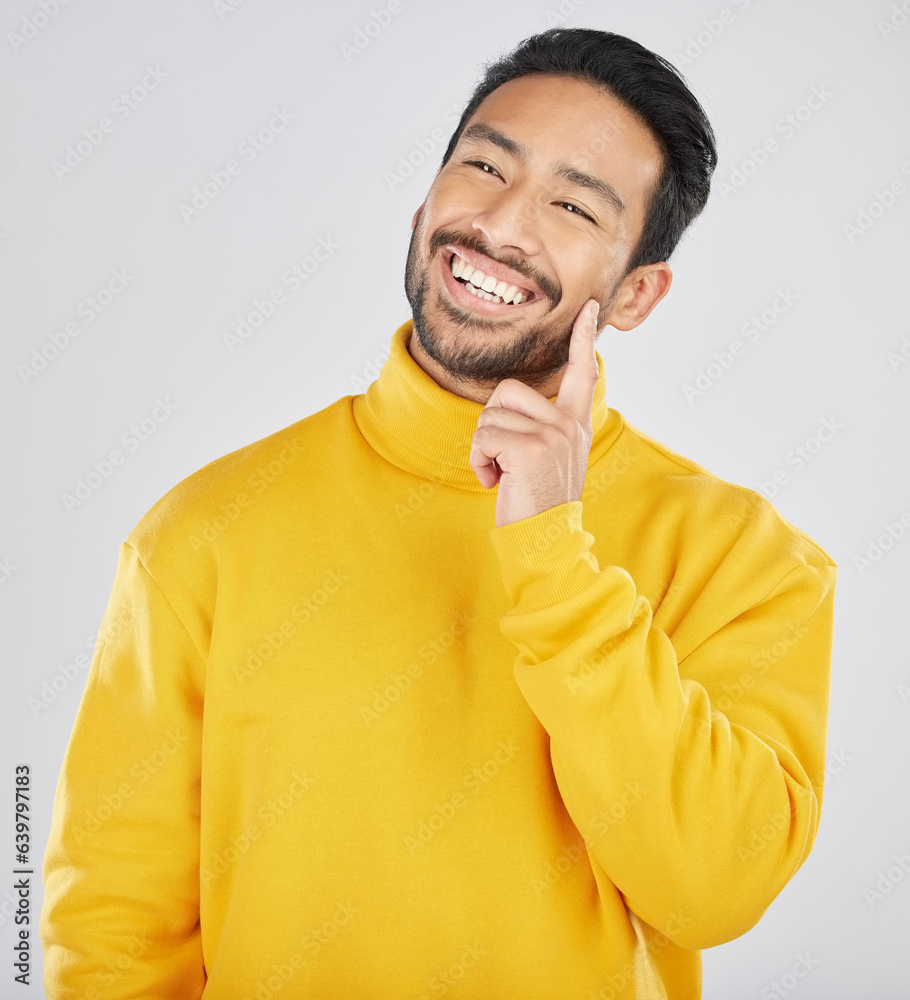 Happy man, smile and thinking with future and dream, inspiration and memory isolated on white backgr