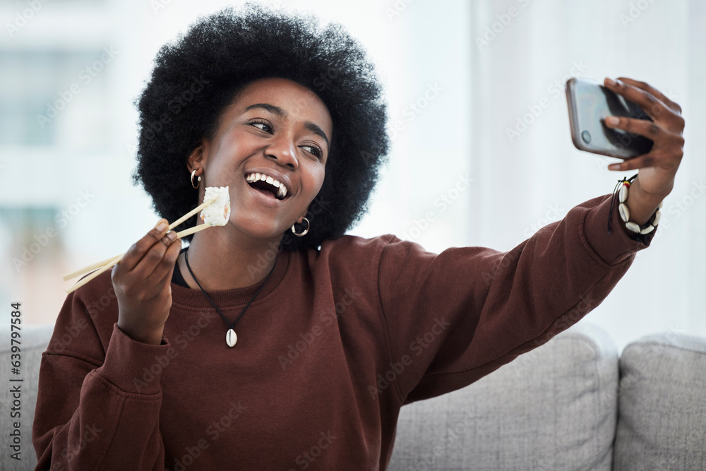 Food, selfie and black woman with sushi, chopsticks and post of seafood or eating healthy dinner in 