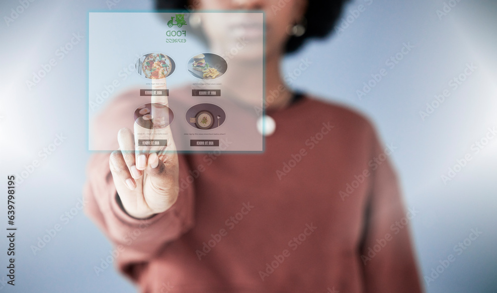 Woman, hand and HUD in online shopping on food menu, UI or UX of digital hologram or dashboard. Clos