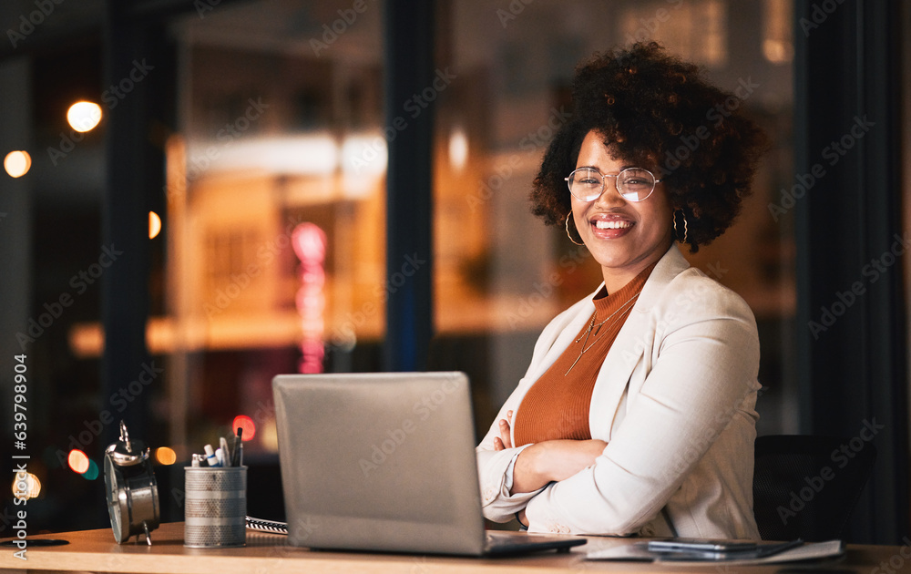 Business woman, face and arms crossed on laptop for night planning, marketing research and online ma