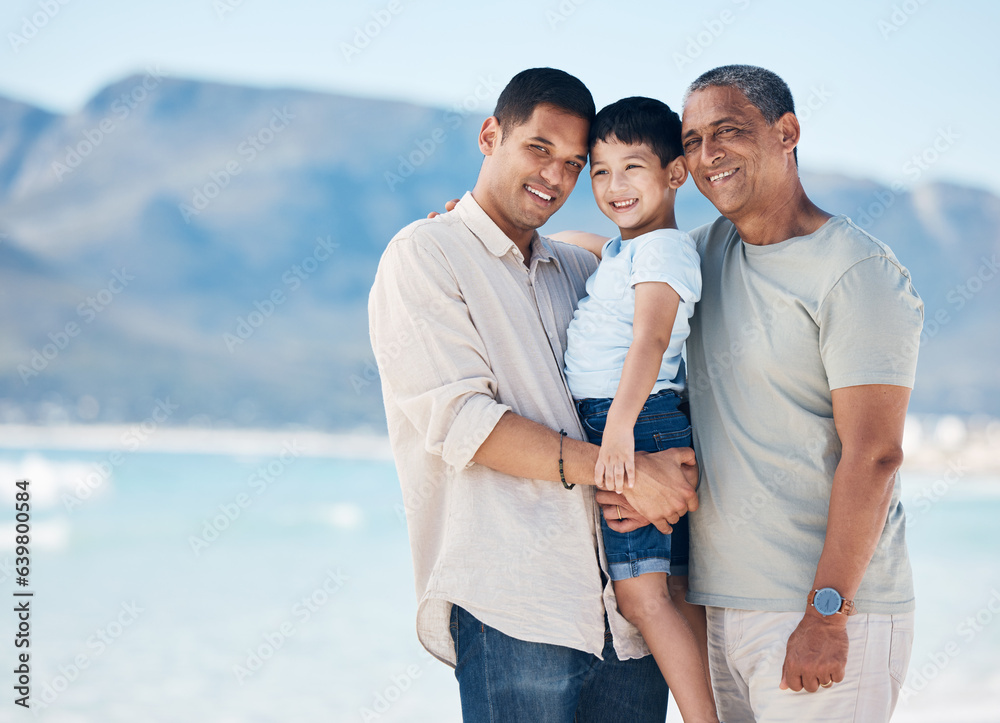 Happy, portrait and a family at the beach for a vacation, walking by the sea or travel together. Car