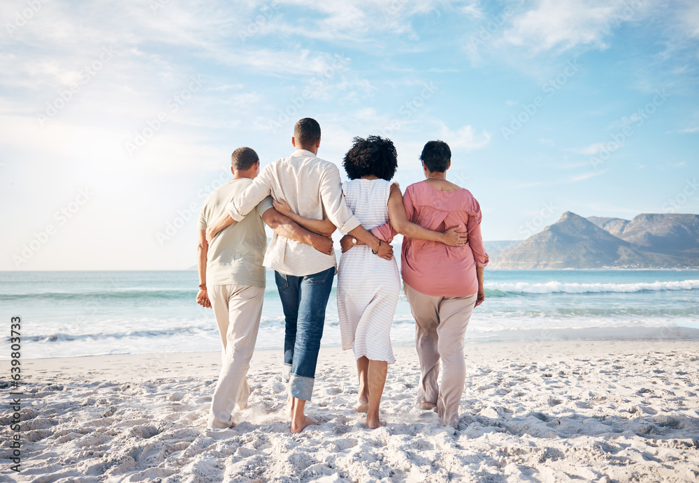 Back, hug and family at the beach for walking, travel or relax by the ocean on holiday. Together, ca