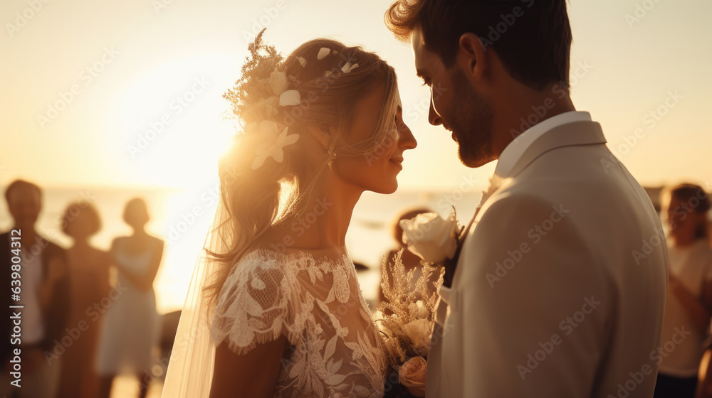 Beautiful Bride and Groom During an Outdoors Wedding Ceremony on an Ocean Beach at Sunset. Perfect V