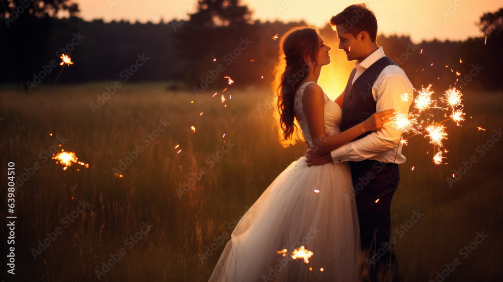 Beautiful bride and groom with sparklers on a meadow.