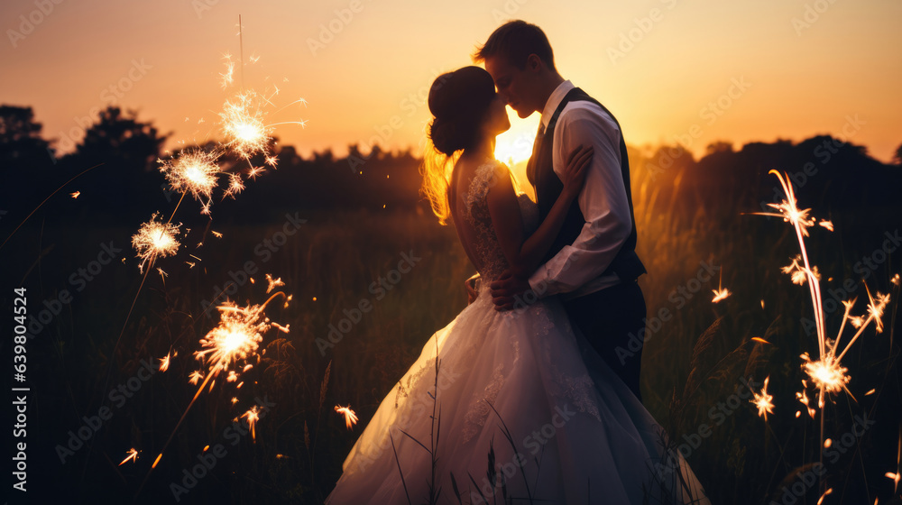 Beautiful bride and groom with sparklers on a meadow.