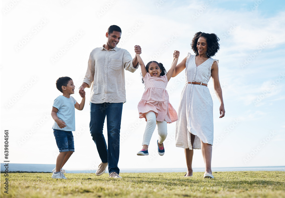 Family, holding hands and outdoor at a park with love, care and happiness together in nature. Young 