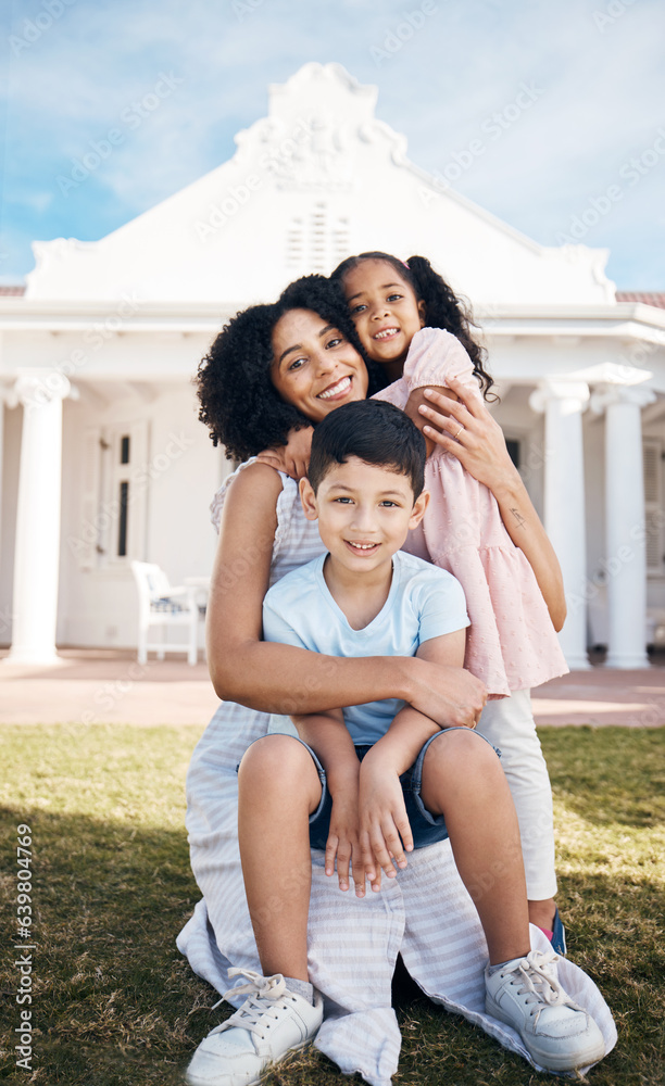 Portrait, love and real estate with a family in the backyard of their home together during summer. S