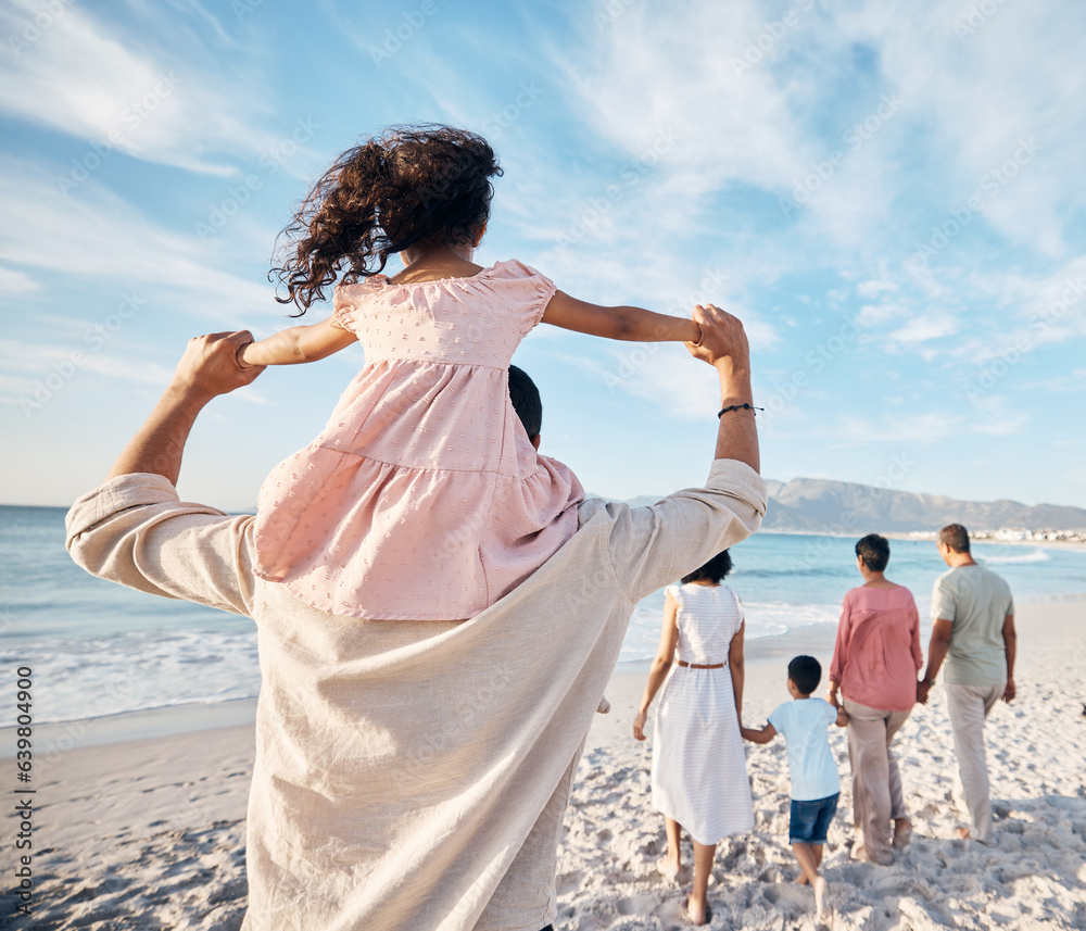 Big family, holiday and walking on beach together, piggy back and holding hands on summer island san